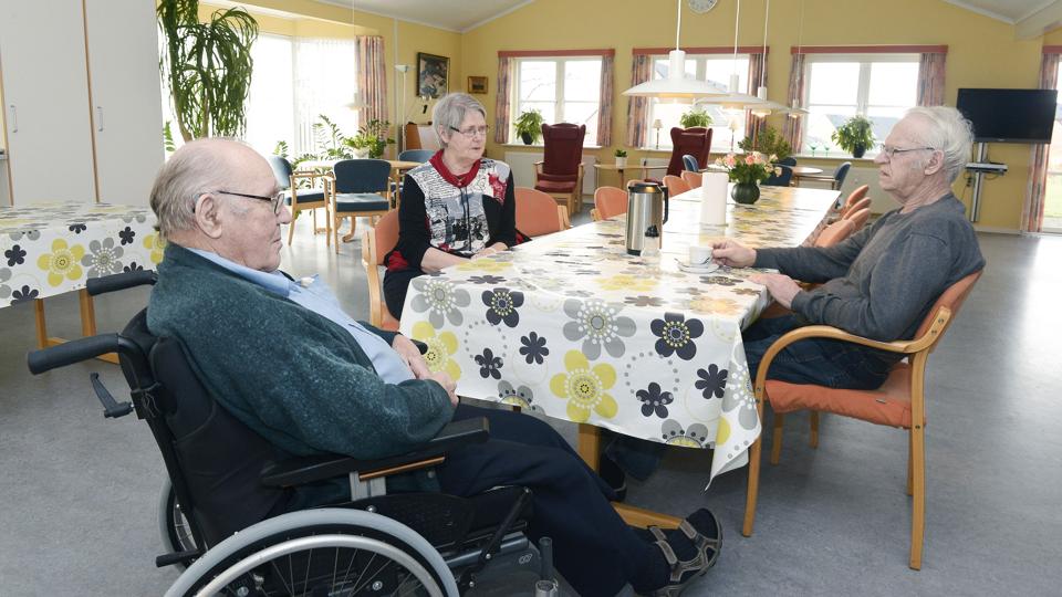 Verner Larsen og Erik Christiansen er glade for at bo på Odinsgård. Her får de en sludder med støtteforeningsformand Hanne Simonsen i bebyggelsens fælles stue. Foto: Grete Dahl