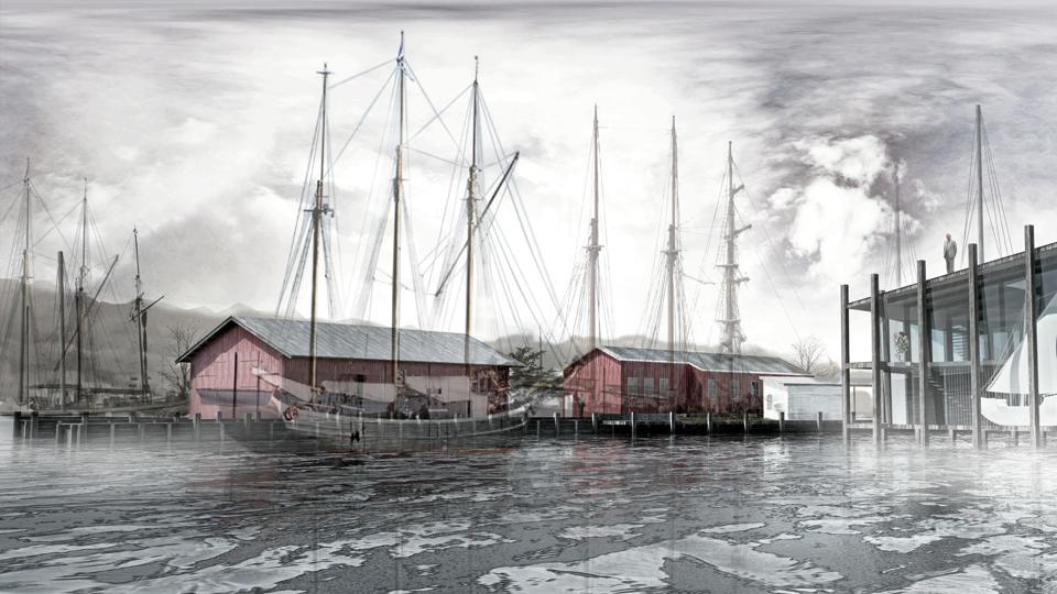 Sådan vil det maritime formidlingscenter tage sig ud for den sejlende, der har sat kurs mod værftet og ”Københavnerbådens” anløbssted. Illustration: E + N Arkitektur.