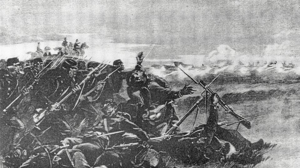 Illustration af træfningen ved Lundby, bragt i F. C. Schiøtts ”Affairen ved Lundby den 3die Juli 1864”, som blev udgivet i 1877.