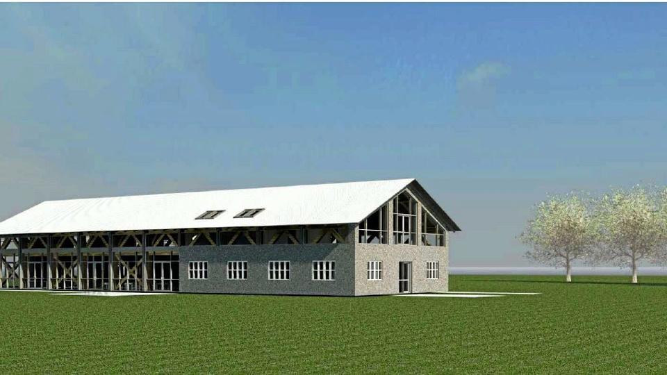Kornets Hus skal opføres syd for og i tilknytning til bageriet Aurion i Guldager syd for Hjørring. Ill. Arkitektfirmaet Jørgen Ussing