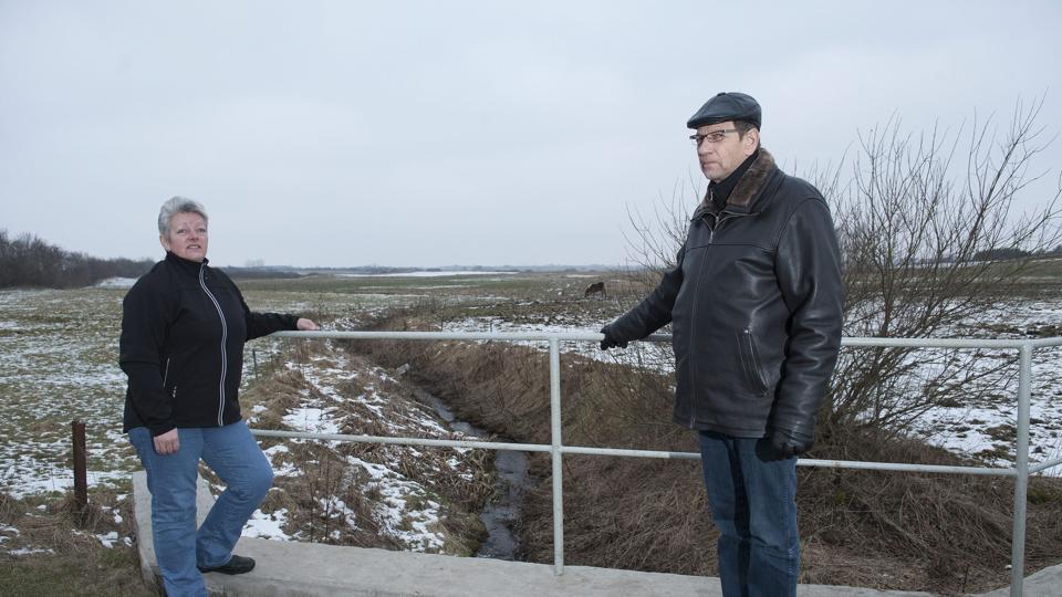 Helle Aarup Lyngby og Knud Bak, gårdejer, foran området, der skal lægge jord til det planlagte vindmølleprojekt. <i>Foto: Grete Dahl</i>