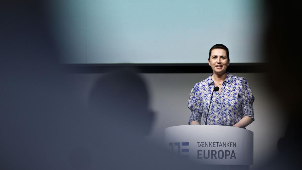 Statsminister Mette Frederiksen (S) taler til Tænketanken Europas Europakonference. <i>Philip Davali/Ritzau Scanpix</i>