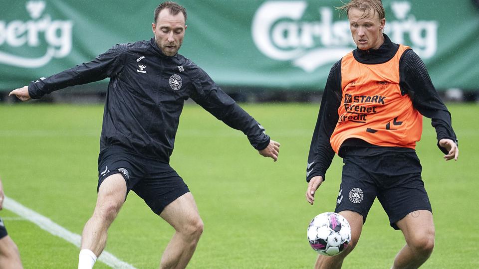 Christian Eriksen og Kasper Dolberg starter begge inde i Nations League-udekampen mod Frankrig. <i>Claus Bech/Ritzau Scanpix</i>