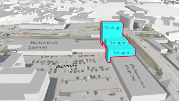 De 65 ny lejligheder bliver fordelt på tre bygninger, hvor den yderste mod banen er ti etager høj. <i>Kilde: Bjerg Arkitektur</i>