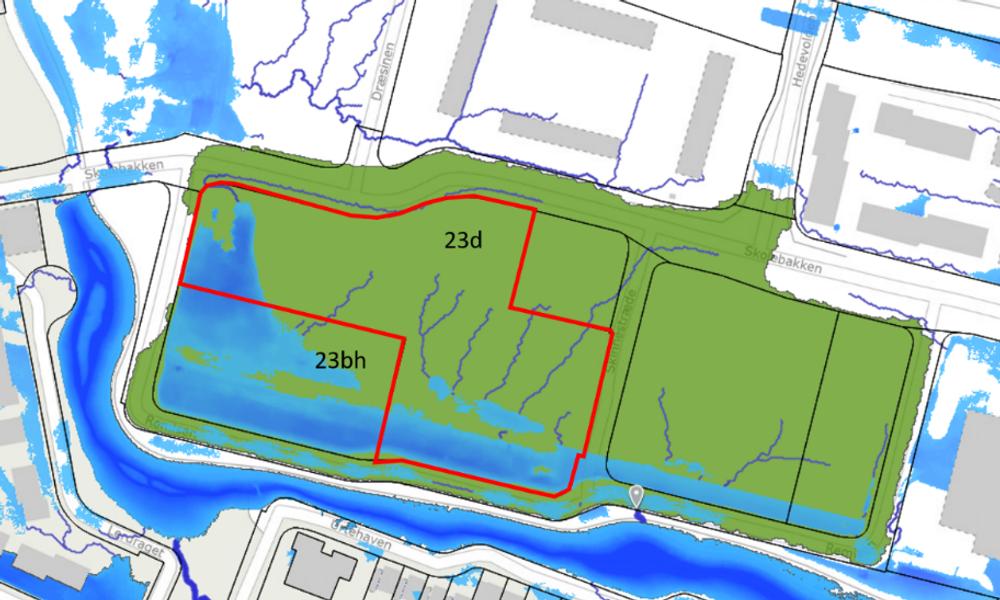 ”Blue spot”- analyse. Forventet fordeling af overfladevand i en ekstrem 100 mm regnvandsscenarie. ”Blue spot”- analyse. Forventet fordeling af overfladevand i en ekstrem 100 mm regnvandsscenarie.