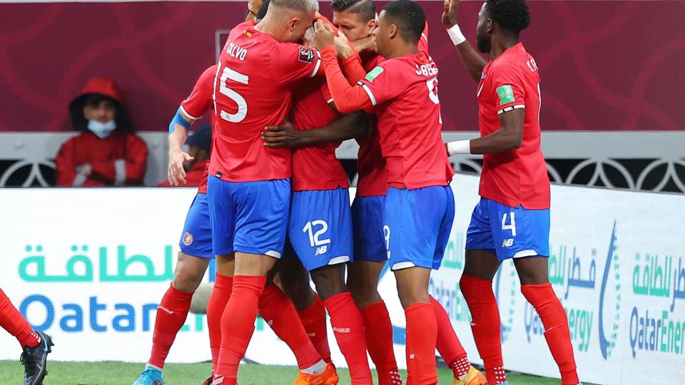 Costa Rica jubler over kampens enlige mål, som blev sendt i kassen af Joel Campbell. <i>Karim Jaafar/Ritzau Scanpix</i>