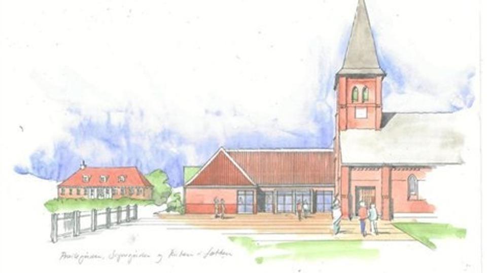 Den nye sognegård kobles fysisk sammen med kirken.Tegning: Arkitektfirmaet Ussing.