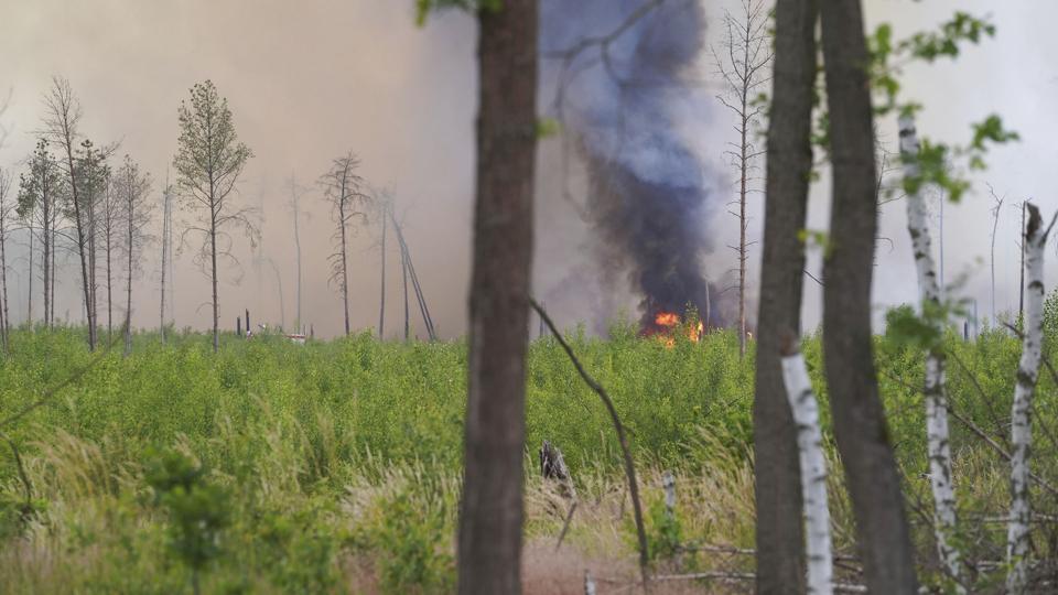 En skovbrand nær Treuenbrietzen har forårsaget en stor røgsky og skaber bekymring på grund af rester af eksplosiv krigsammunition, der er nedgravet i området. <i>J''rg Carstensen/Ritzau Scanpix</i>
