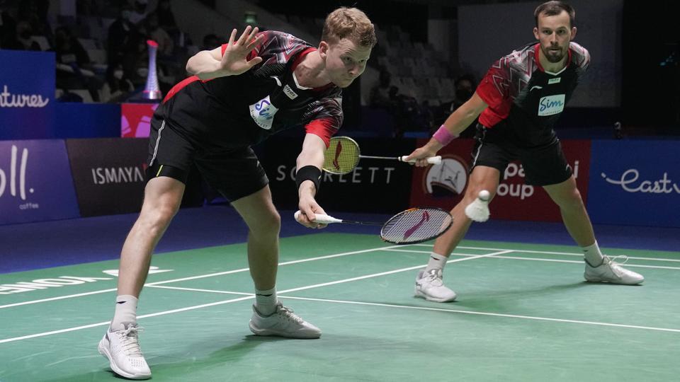 Herredoublen Kim Astrup og Anders Skaarup Rasmussen tabte lørdagens semifinale i tre sæt. (Arkivfoto). <i>Dita Alangkara/Ritzau Scanpix</i>