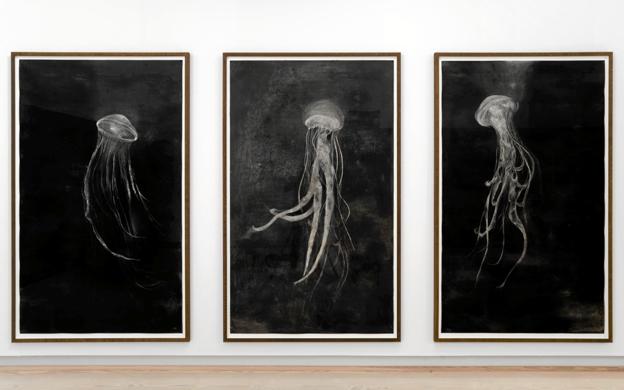 Værket Medusa, fra 2022: det handler om at se mere end det stregerne fremviser, at en gople med sine lange tentakler også er en Medusa, hvis hår brænder og forstener. Og både naturen, myterne og Edv. Munch’s grafiske værker af kvinden, der suser kraften ud af manden, spiller med og sammen <i>Foto: Niels Fabæk</i>