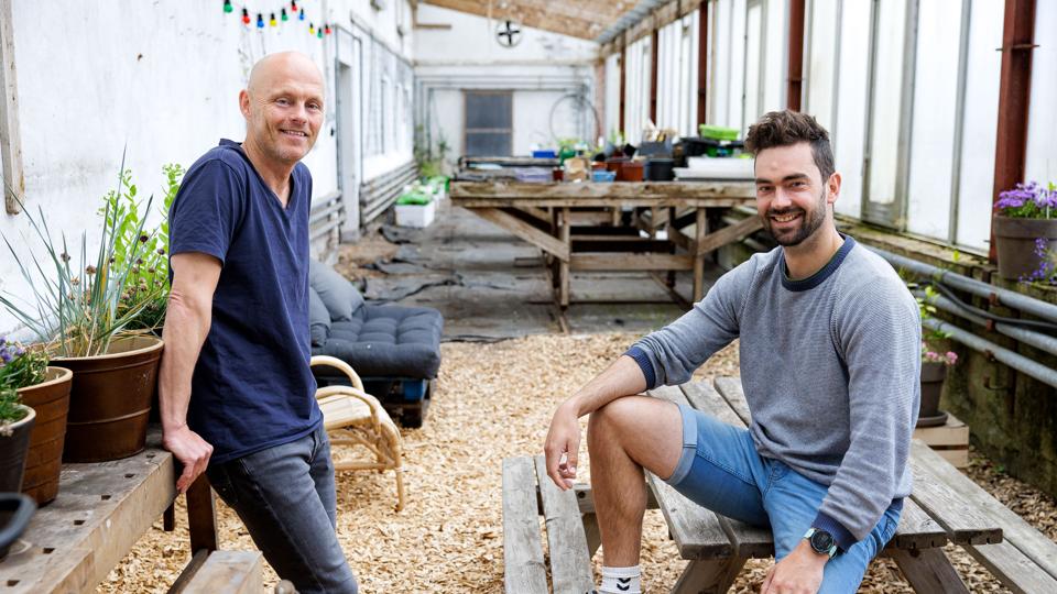 Gennem de seneste par år har Surfgaarden tilbudt at hjælpe PTSD-ramte krigsveteraner tilbage i dagligdagen. I den proces kan noget så lavpraktisk som et væksthus være til nytte, fortæller forstander Anders Petersen, tv., og daglig Peter Emil Højlund, <i>Foto: Bo Lehm</i>