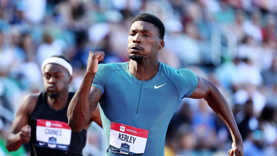 Fred Kerley satte den sjettebedste tid nogensinde i mændenes 100 meter løb natten til lørdag i Eugene, hvor han vandt de amerikanske udtagelsesmesterskaber forud for VM. <i>Andy Lyons/Ritzau Scanpix</i>