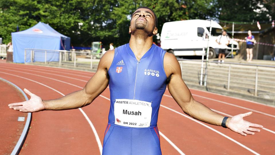 Løberen Kojo Musah blev dansk mester i 100 meter ved DM-ugen i Aalborg. <i>Henning Bagger/Ritzau Scanpix</i>