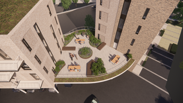 Et plateau kommer til at binde hotellet sammen med 16-18 nye boliger, <i>Bjørk og Maigård</i>