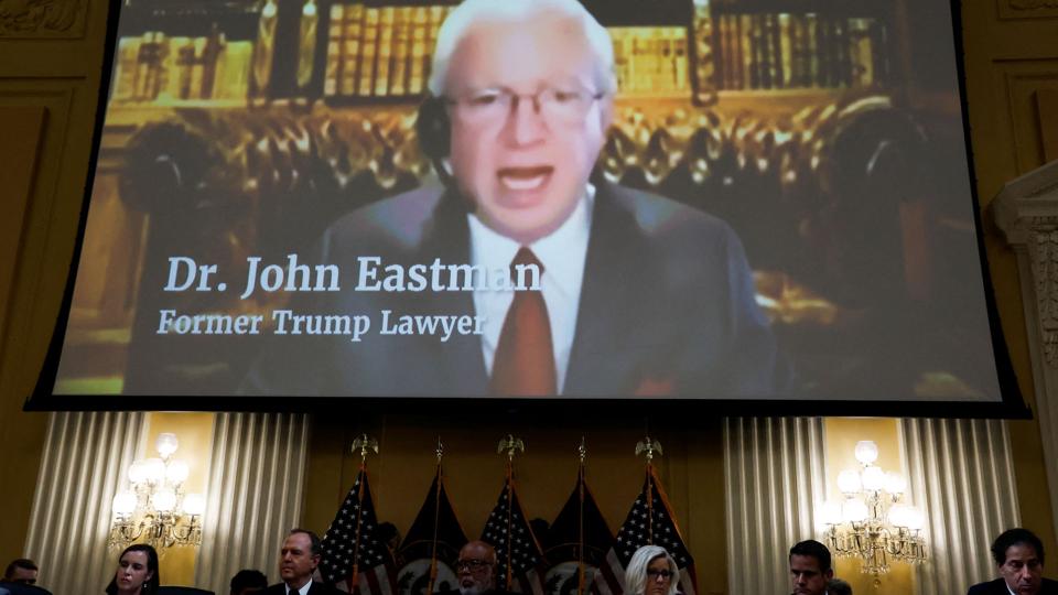 Via en videoforbindelse talte advokat John Eastman selv til 6. januar-udvalget den 21. juni. <i>Jonathan Ernst/Reuters</i>