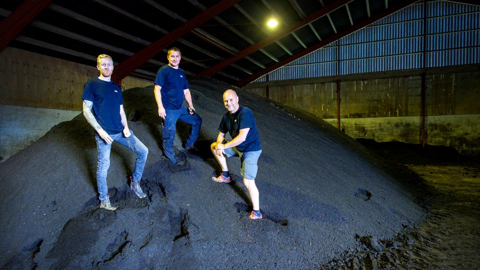 Andreas Ydesen (tv.), Anders Bach og Henrik Bach er medejere af virksomhed, der producerer økologisk kompost og koncentrater baseret på egen produktion af pil. Markedet er nærmest umætteligt. <i>Foto: Torben Hansen</i>