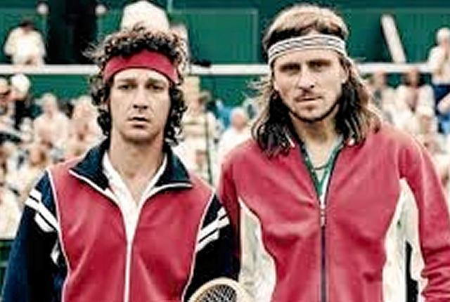 Sverrir Gudnason spiller Bjørn Borg (th) og Shia LaBeouf ærkerivalen John McEnroe. Her mødes de i en legendarisk kamp på Wimbledons Centre Court. Foto: Fjerritslev Kino