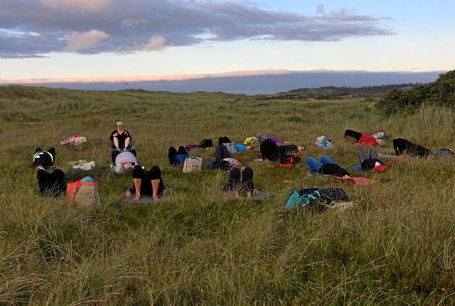 Omkring 20 deltog i yoga i lyngen ved Kollerup Strand.Privatfoto