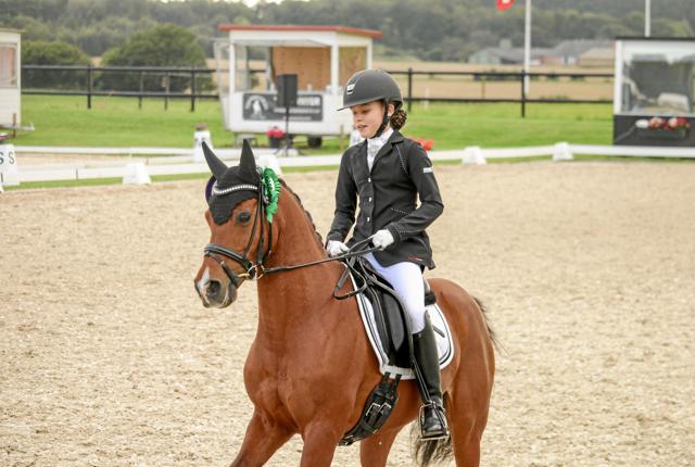 Julie Calundan på 11 år fik en samlet fjerdeplads ved Danmarksmesterskaberne for kategori 2 ponyer med hendes pony Chico.Privatfoto