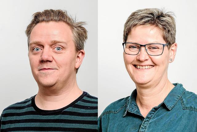 Bibliotekarerne Bente Biegel og Martin Jørgensen fortæller om deres favoritpodcasts – og om, hvordan man kommer i gang med at lytte til dem. Foto: Martin Jørgensen