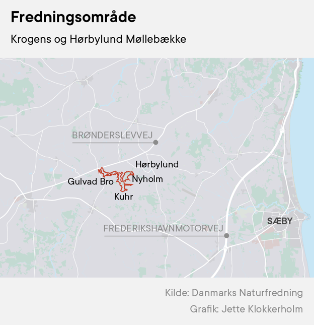 Krogens og Hørbylund Møllebække - med rødt ses det fredede område. <i>Jette Klokkerholm</i>