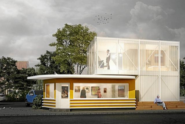Sådan ser tegningen ud af vinderprojektet, hvor den lille gule bygning ved banegården bygges større så der er plads til at huse en kunstner.