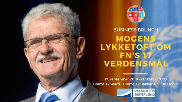 Fhv. S-minister og formand for FNs generalforsamling, Mogens Lykketoft, taler 17. september om FNs 17 verdensmål ved et Business Brunch-arrangement for fjordkommunens erhvervsliv. Privatfoto