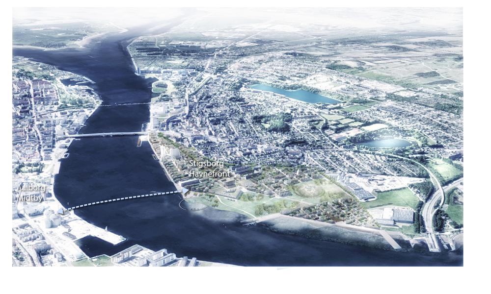 Tanken er, at broen - den forreste stiplede linje - skal forbinde Musikkens Hus med Stigsborg-området.
Tanken er, at broen - den forreste stiplede linje - skal forbinde Musikkens Hus med Stigsborg-området.