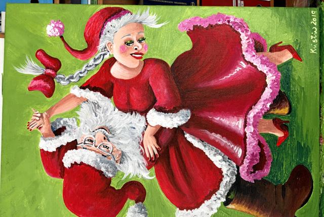 Dette billede følger i Blindes Jul lokale Kristine Frøkjærs nissehistorie, som handler om ”Vild med dans” - selvfølgelig med nisser som deltagere. Kristine Frøkjær har også selv lavet dette søde billede.
