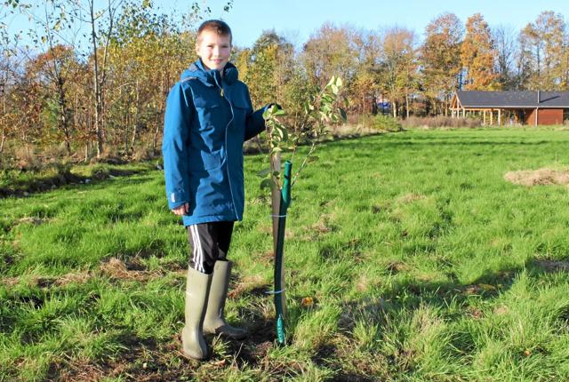 Ligesom de andre elever, plantede Marius sit eget træ, og han er spændt på, hvilken slags æblesort, der vil vokse derpå. Foto: Ida Mehl Agerholm