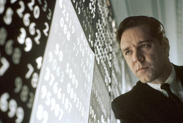 Russell Crowe spiller matematikgeniet i filmen, der på dansk har fået titlen ”Et smukt sind”.