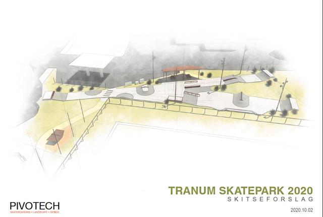 Lørdag 10. oktober tages første spadestik til Tranum Skaterpark, som her ses i skitseprojektet. Illustration: Pivotech
