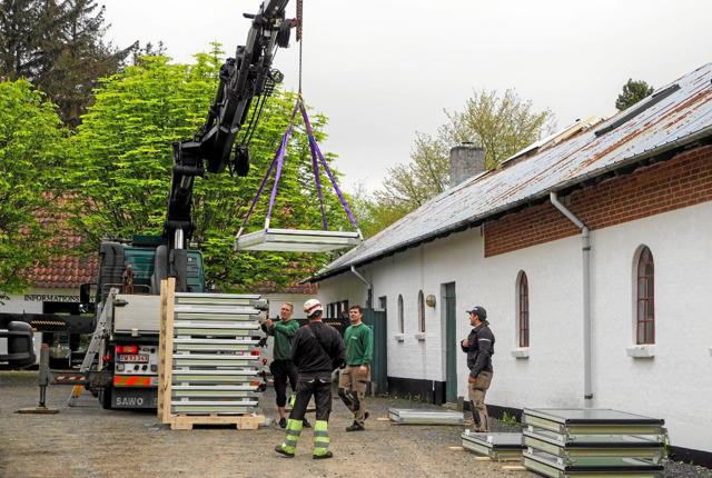 Ilbro Tømrer- og Maskinsnedkeri monterer ovenlys på Laden ved Landbrugsmuseet i Mosbjerg. Foto: Niels Helver