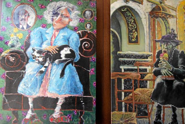 To af de sidste værker, Jean Moreaux nåede at lave. De har titlerne: "Den gamle kattekvinde" og "Den gamle dame med to kugler". De er begge fra 2000. Han døde i 2001. Foto: Jørgen Ingvardsen