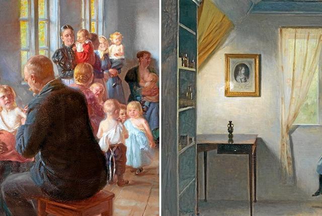 Anna Ancher: En vaccination. 1899. Skagens Kunstmuseer. (Beskåret), Peter Ilsted: En lille pige, der syr. Ca. 1900. Ribe Kunstmuseum. (Beskåret).