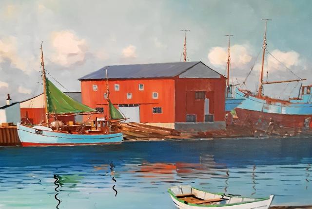 Maleri, formentlig fra 1960’erne, af det gamle værft før flytningen fra den gamle havn til den ny østhavn 1971. Det er malet af Theodor Skovgaard (1913-93), som havde sommerbolig i Ørum by. Privatfoto