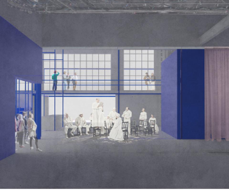 Et teater - eller rettere et sted for eksperimenterende scenekunst - vil ifølge arkitekt Jeanette Ruby Nielsen være det perfekte at bruge skibshallen på Limfjordsværftets grund til. <i>Illustration: Jeanette Ruby Nielsen (Jette Klokkerholm)</i>