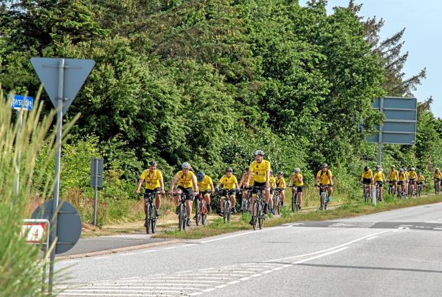 De cirka 30 gulklædte unge cykelryttere ankommer her til rundkørslen ved MTH Biler i Løgstør. Foto: Mogens Lynge