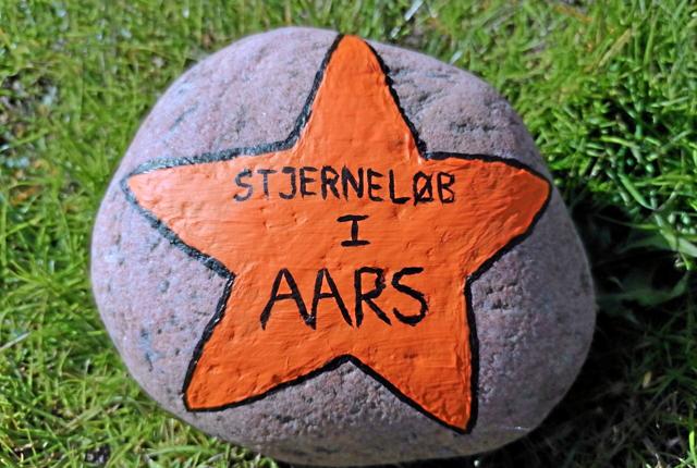 Rundt omkring i hjertet af Aars ligger der denne sommer en række sten med orange stjerner, der markerer stjerneløbets ti poster. Privatfoto
