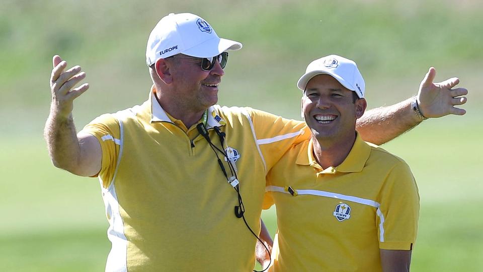 Thomas Bjørn og Sergio Garcia kommer ikke lige så godt ud af det med hinanden, som de har gjort. <i>Gerry Penny/Ritzau Scanpix</i>