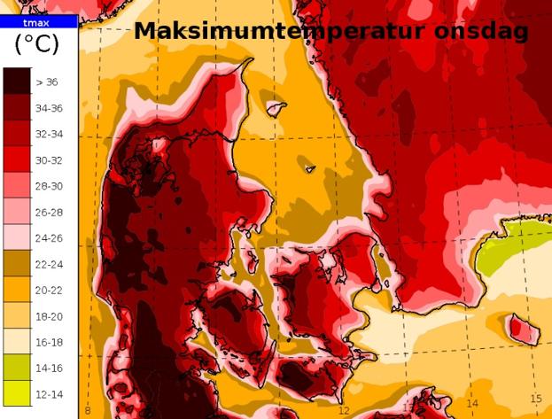 Det bliver allervarmest i det sydligste Jylland i dag, onsdag 20. juli, forventer DMI. <i>Grafik: DMI</i>
