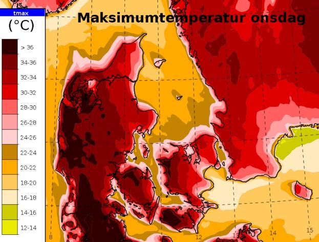 Det bliver allervarmest i det sydligste Jylland i dag, onsdag 20. juli, forventer DMI. <i>Grafik: DMI</i>