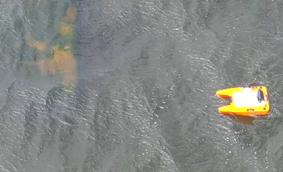Niras' sejlende drone i gang med ekkolodning i sidste uge. Til venstre kan Sælstenen skimtes. Men Henrik J. Granat, geolog hos GEUS, tvivler på, at stenen er så stor, som ekkolodningen antyder. <i>Foto: Niras</i>