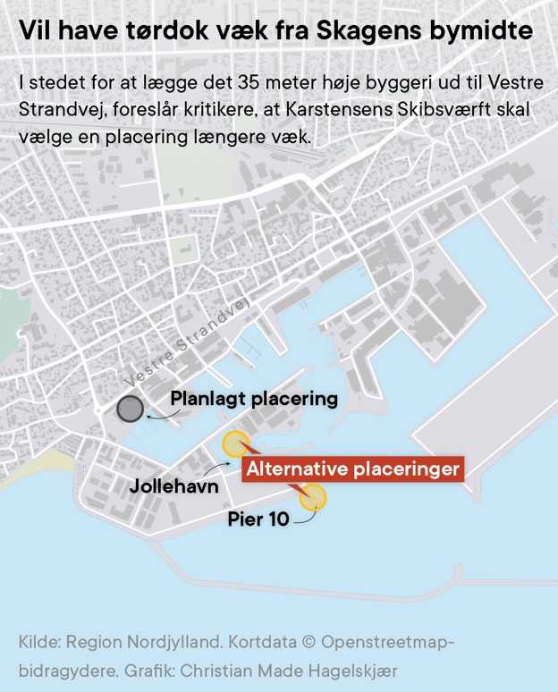 I stedet for at lægge det 35 meter høje byggeri ud til Vestre Strandvej, foreslår kritikere, at Karstensens Skibsværft skal vælge en placering længere væk. <i>Christian Made Hagelskjær</i>