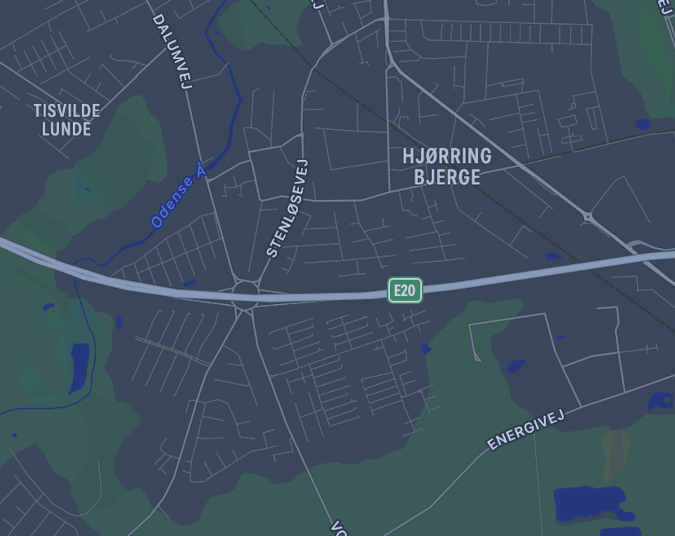 Hjørring Bjerge er endt i Dalum, der er en bydel i det sydlige Odense. <i>Apples Maps</i>