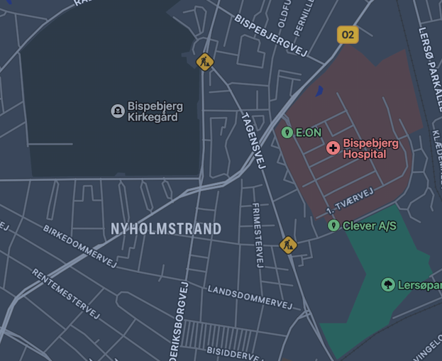 Nyholmstrand - det ligger da lige ved Bispebjerg Kirkegård i Københavns nordvestlige udkant. Eller gør det? <i>Apples Maps</i>