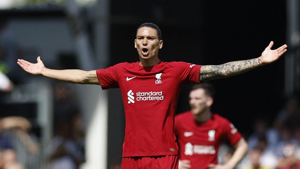 Darwin Nunez fejrede sin ligadebut for Liverpool ved at score til 1-1 i 2-2-kampen mod Fulham. <i>Peter Cziborra/Ritzau Scanpix</i>