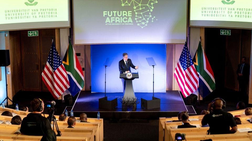 Den amerikanske udenrigsminister, Antony Blinken, holdt mandag tale på University of Pretoria i den sydafrikanske hovedstad. <i>Pool/Reuters</i>