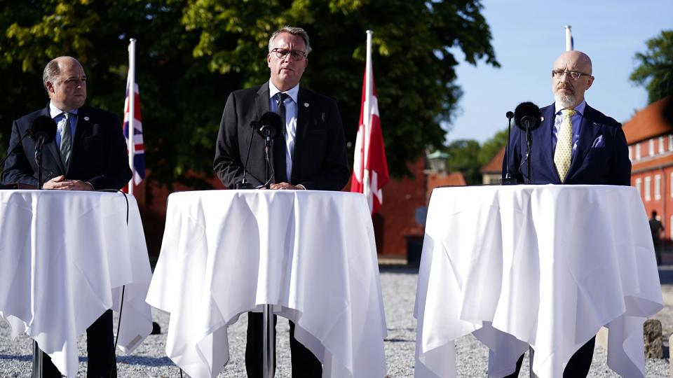 Både den britiske, danske og ukrainske forsvarsminister fremhævede det gode samarbejde imellem landene på et pressemøde i København. <i>Martin Sylvest/Ritzau Scanpix</i>