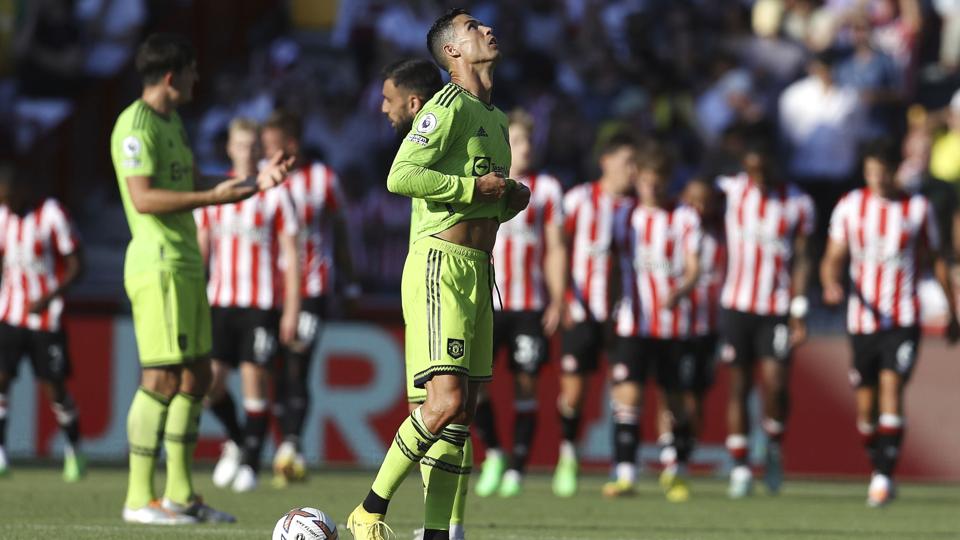 Cristiano Ronaldo var alt andet end tilfreds, da Manchester United i lørdag tabte med 0-4 til Brentford. <i>Paul Terry/Ritzau Scanpix</i>